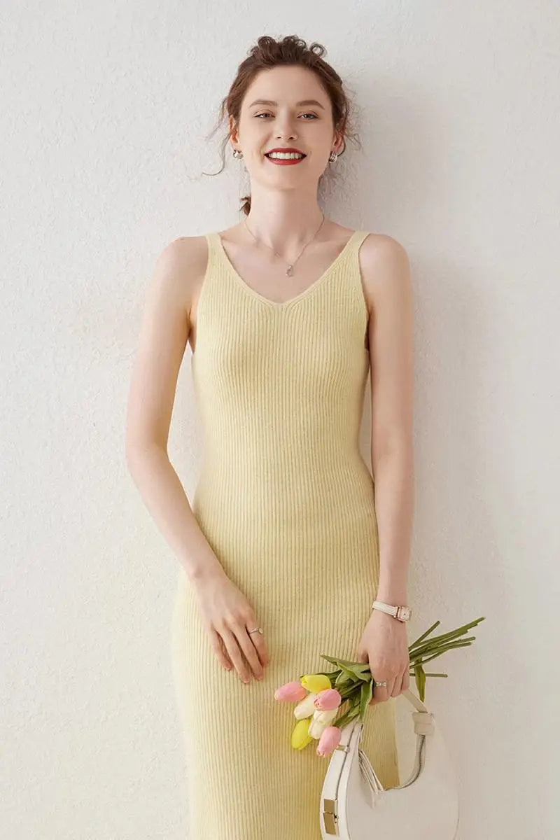 100 Cashmere Sleeveless Rib-Knit Midi Sweater Dress