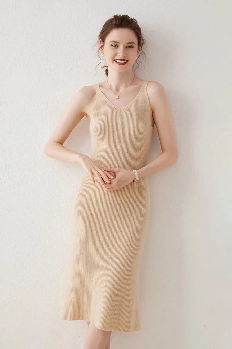 100 Cashmere Sleeveless Rib-Knit Midi Sweater Dress