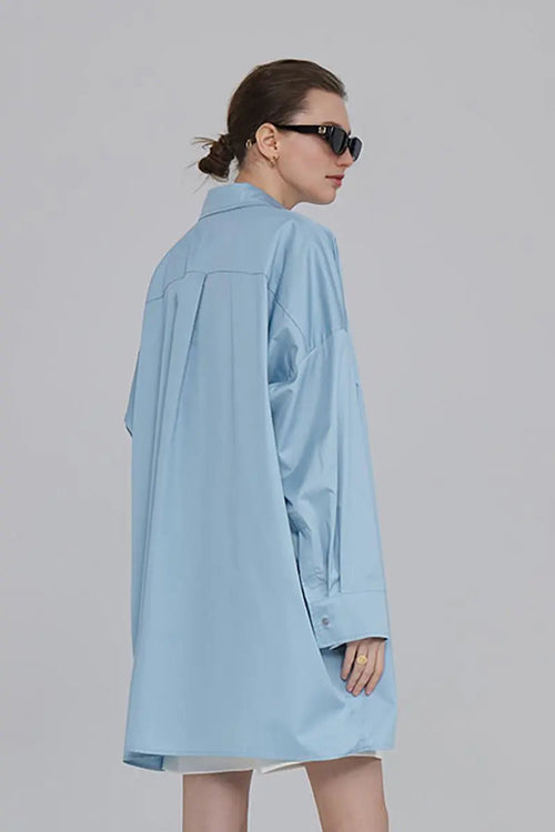 100 Cotton Oversized Button Down Drop Shoulder Shirt with Curved Hemline