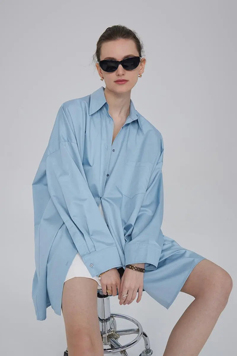 100 Cotton Oversized Button Down Drop Shoulder Shirt with Curved Hemline