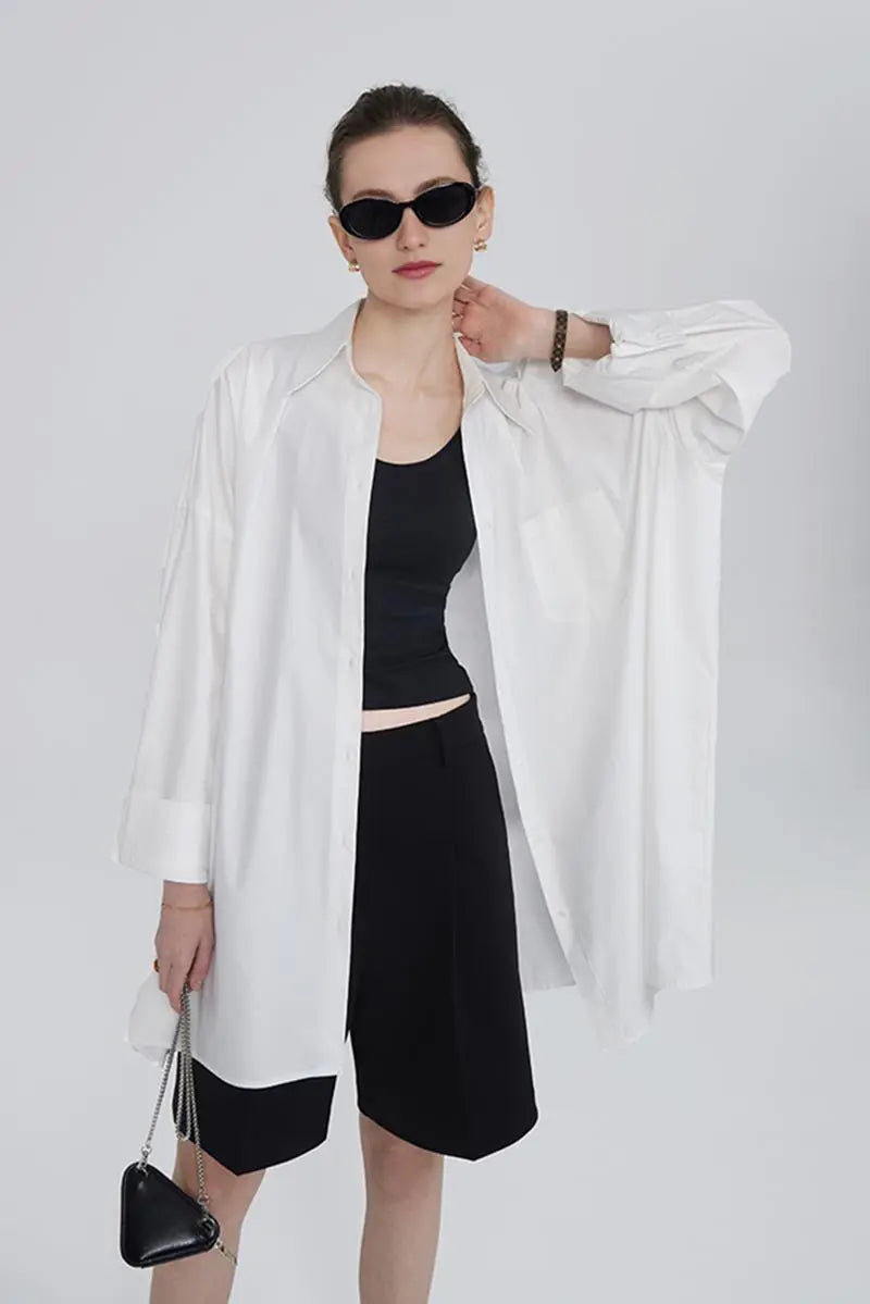 100 Cotton Oversized Button Down Drop Shoulder Shirt with Curved Hemline