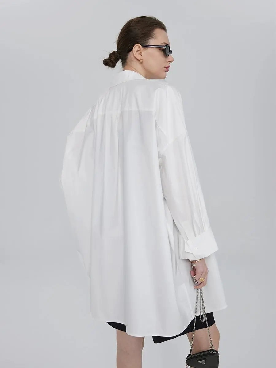 100 Cotton Oversized Button Down Drop Shoulder Shirt with Curved Hemline