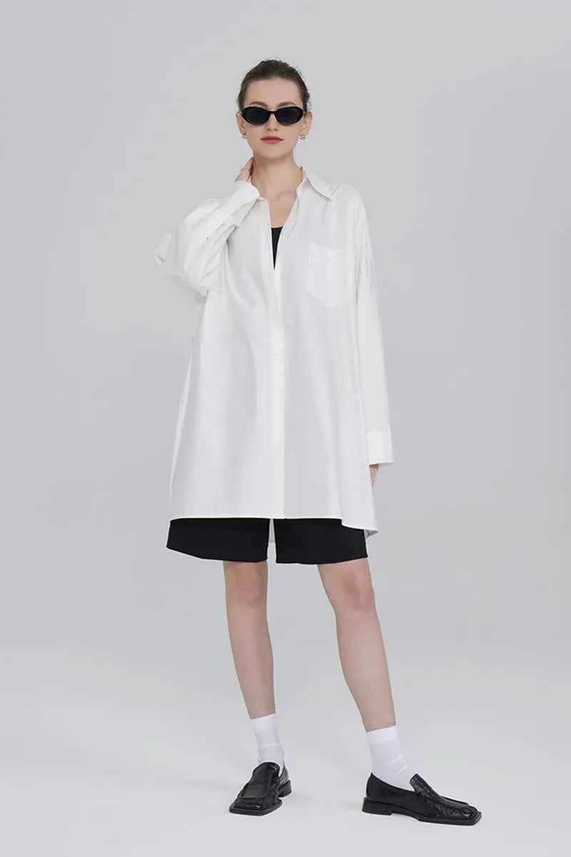 100 Cotton Oversized Button Down Drop Shoulder Shirt with Curved Hemline