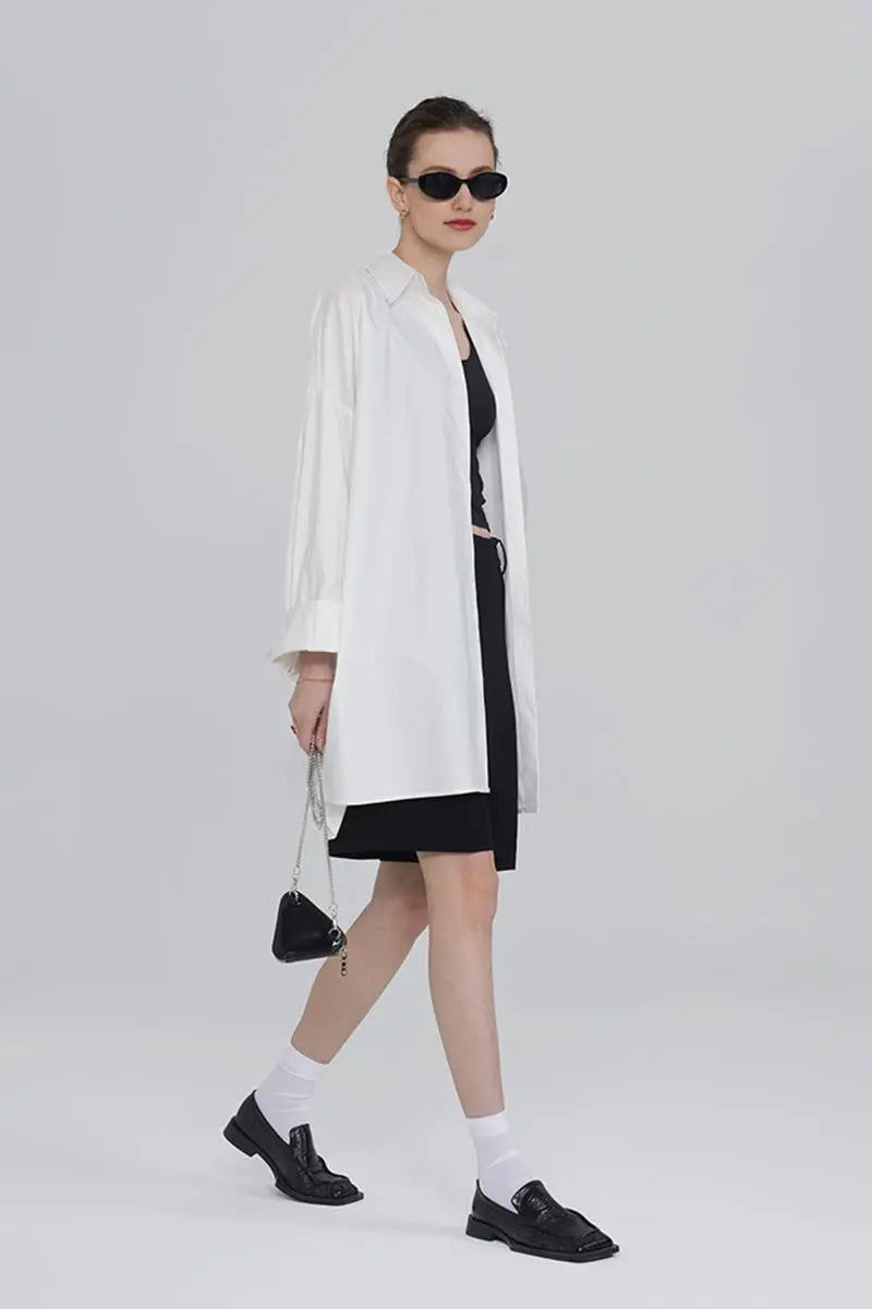 100 Cotton Oversized Button Down Drop Shoulder Shirt with Curved Hemline