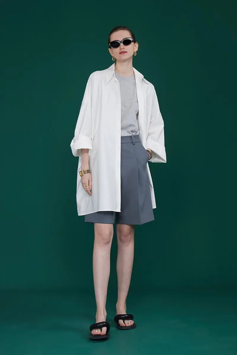 100 Cotton Oversized Button Down Drop Shoulder Shirt with Curved Hemline