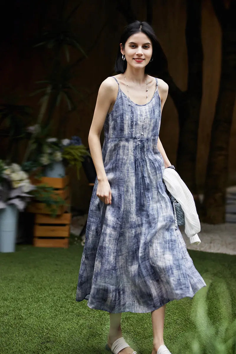 100-Count Fine Ramie Blue Tie Dye Spaghetti-Strap Maxi Dress