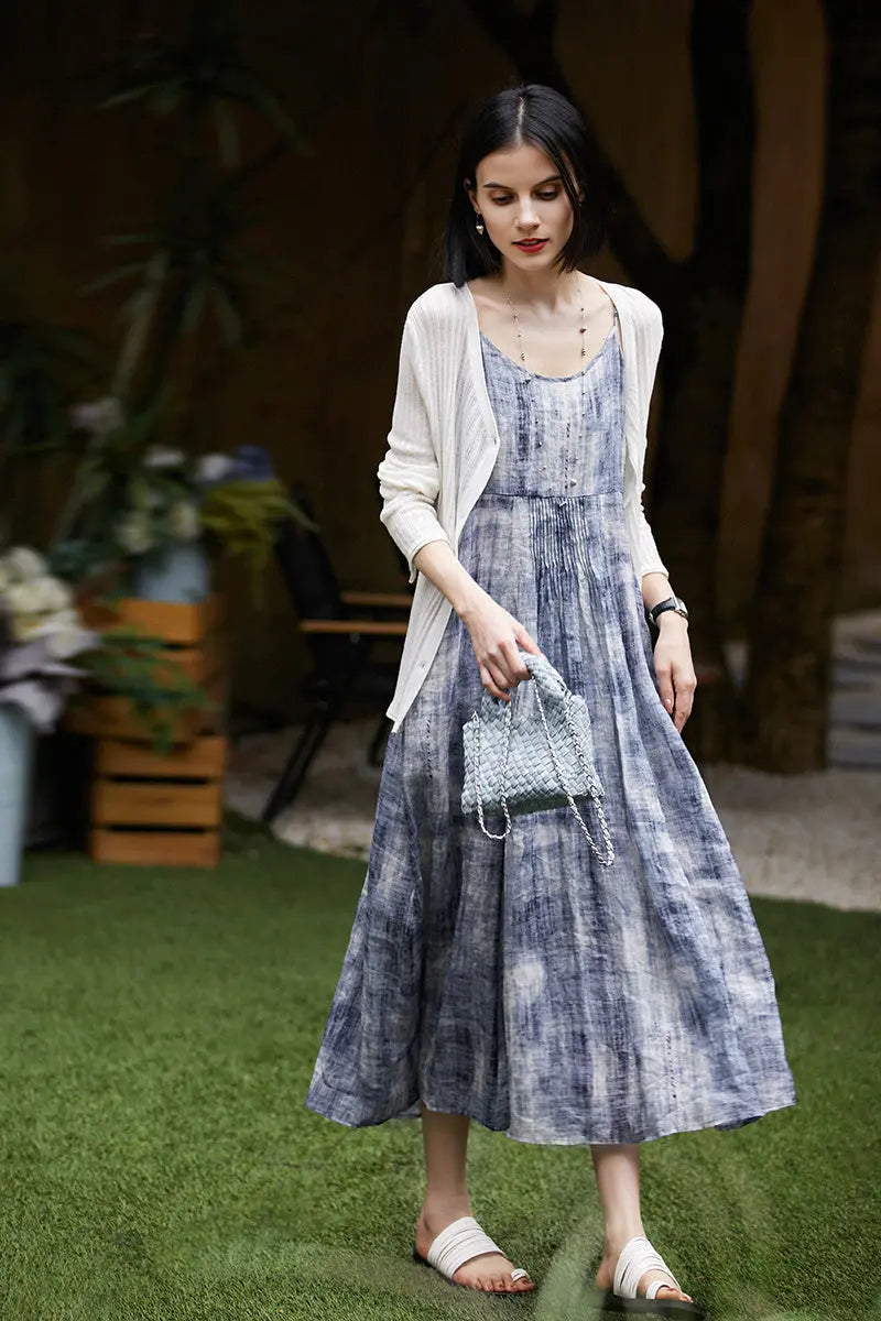 100-Count Fine Ramie Blue Tie Dye Spaghetti-Strap Maxi Dress