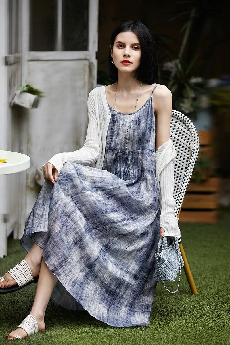 100-Count Fine Ramie Blue Tie Dye Spaghetti-Strap Maxi Dress
