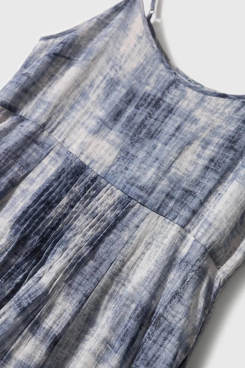 100-Count Fine Ramie Blue Tie Dye Spaghetti-Strap Maxi Dress