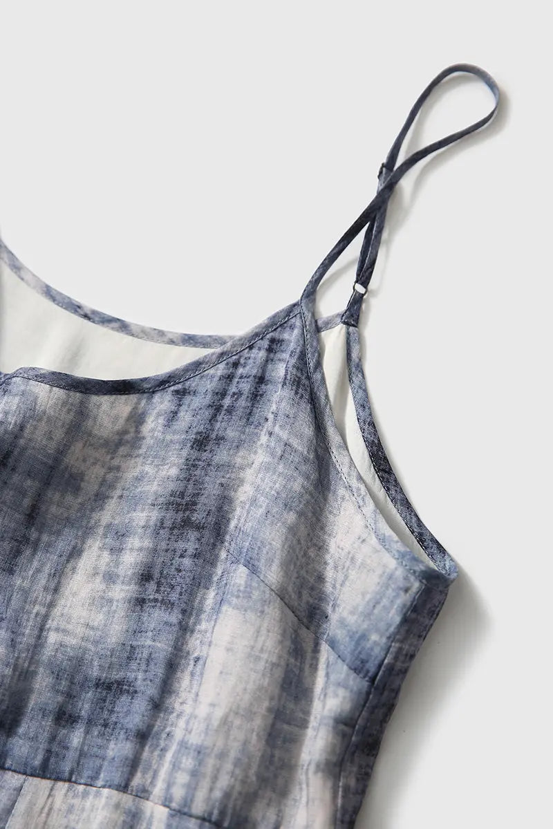 100-Count Fine Ramie Blue Tie Dye Spaghetti-Strap Maxi Dress