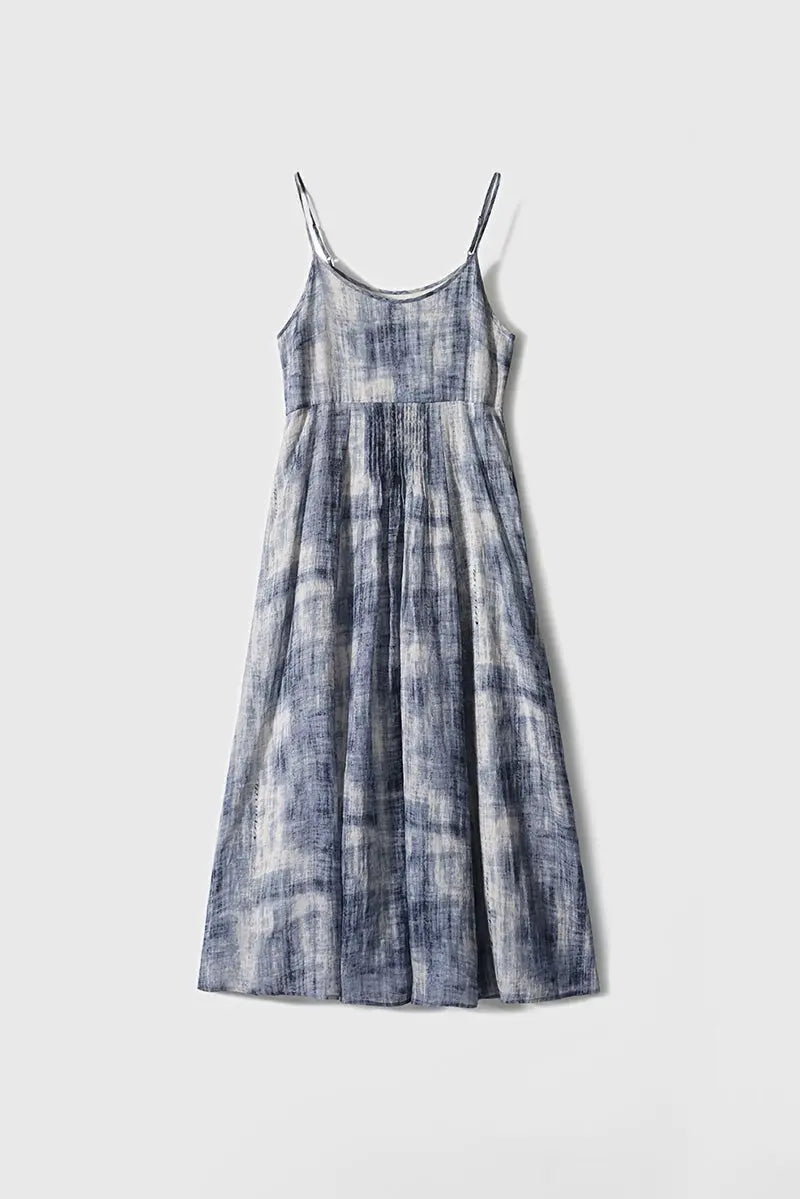 100-Count Fine Ramie Blue Tie Dye Spaghetti-Strap Maxi Dress