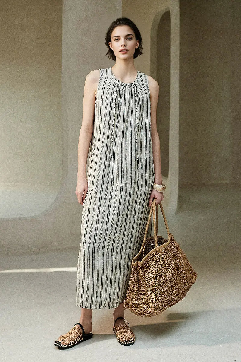 100 French Linen Striped Sleeveless Maxi Dress