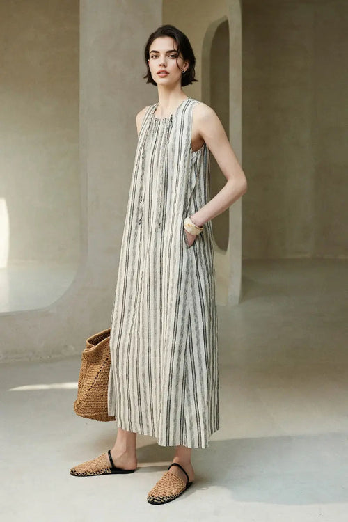 100 French Linen Striped Sleeveless Maxi Dress