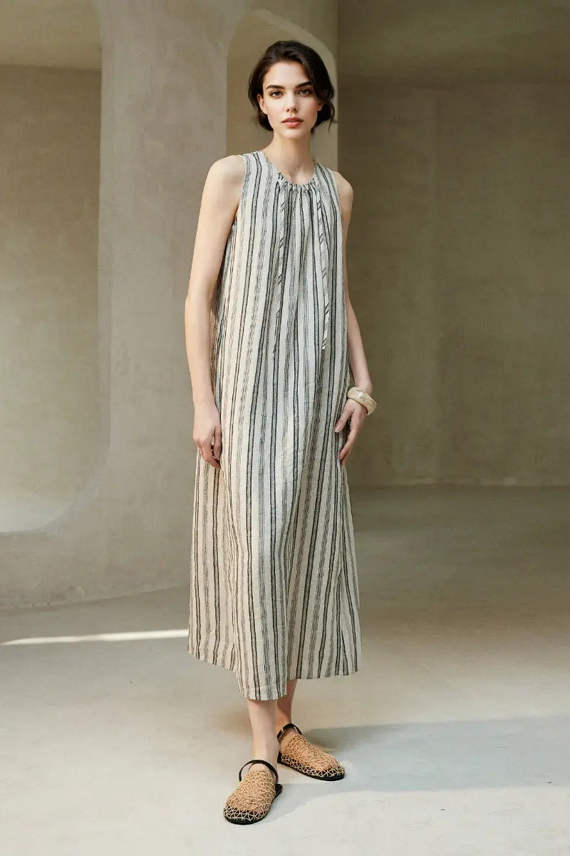 100 French Linen Striped Sleeveless Maxi Dress