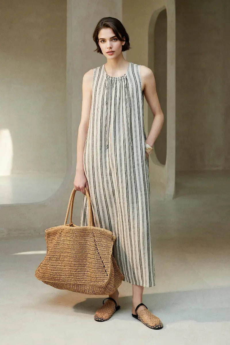 100 French Linen Striped Sleeveless Maxi Dress