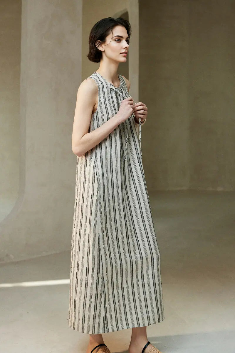 100 French Linen Striped Sleeveless Maxi Dress