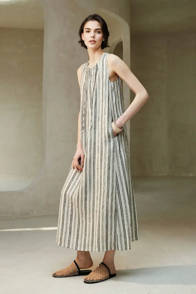 100 French Linen Striped Sleeveless Maxi Dress