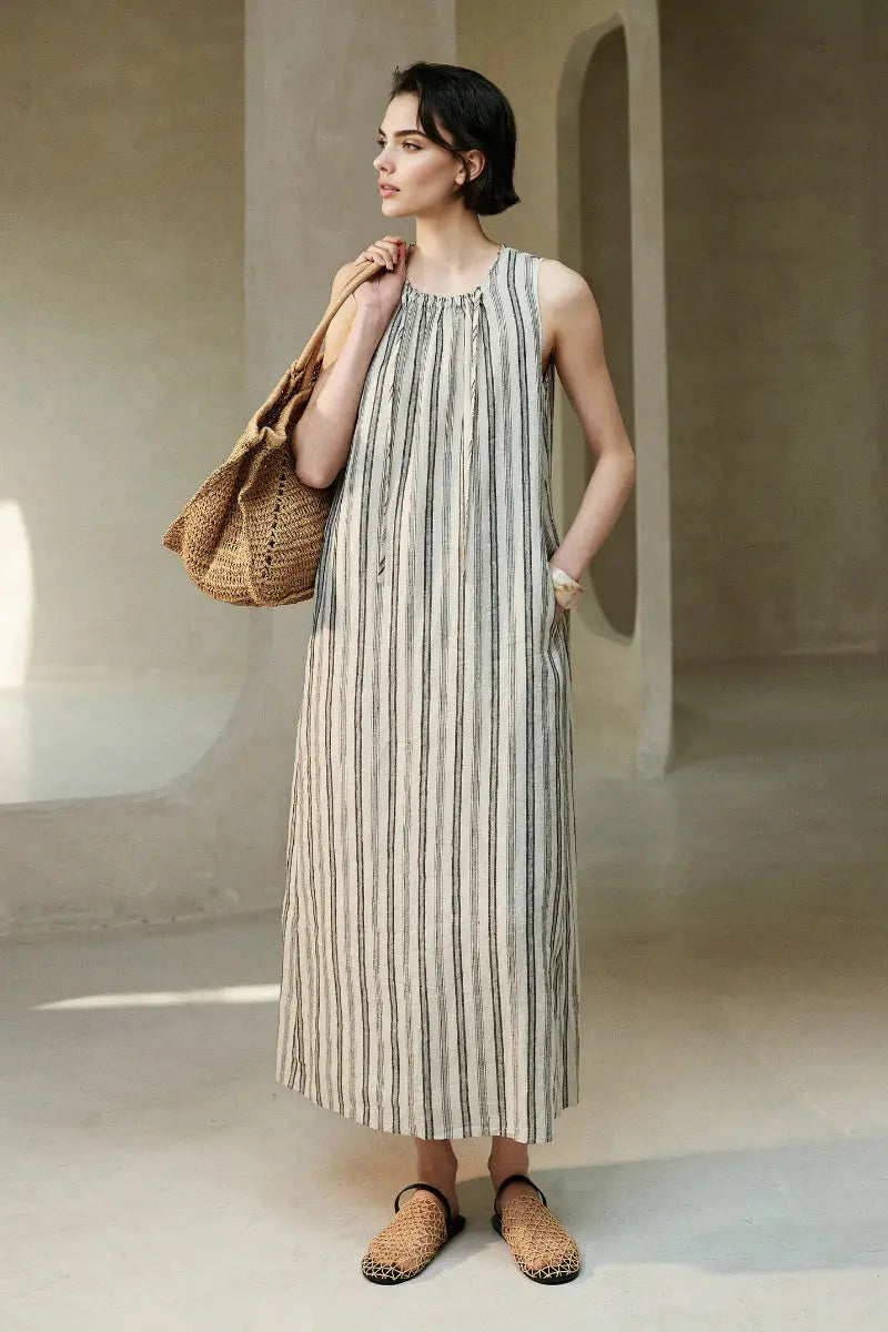 100 French Linen Striped Sleeveless Maxi Dress