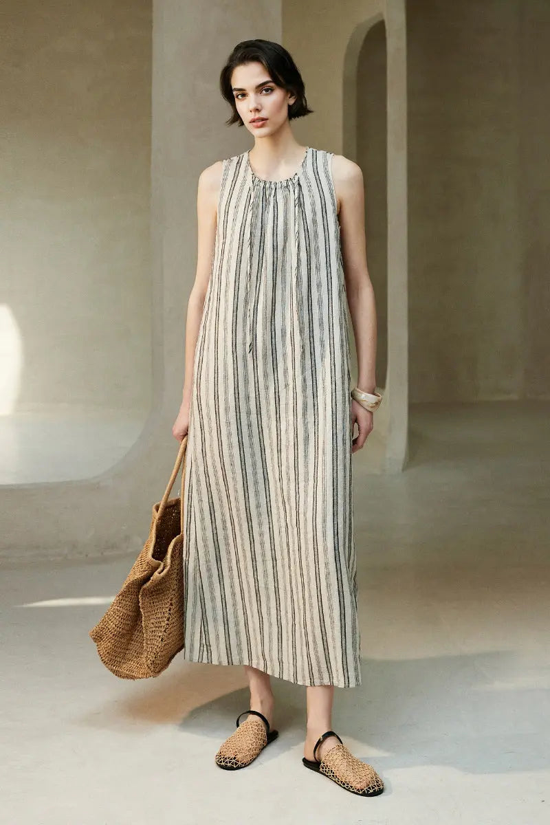 100 French Linen Striped Sleeveless Maxi Dress