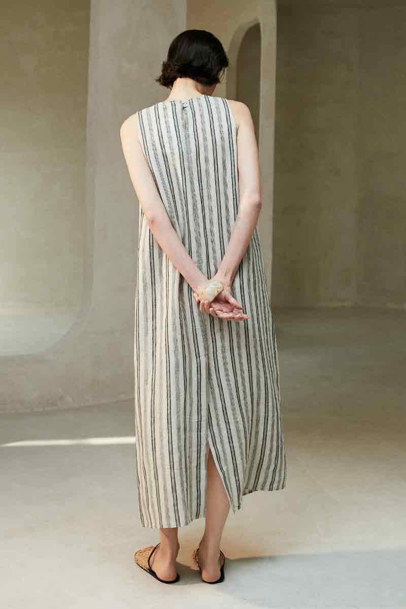 100 French Linen Striped Sleeveless Maxi Dress