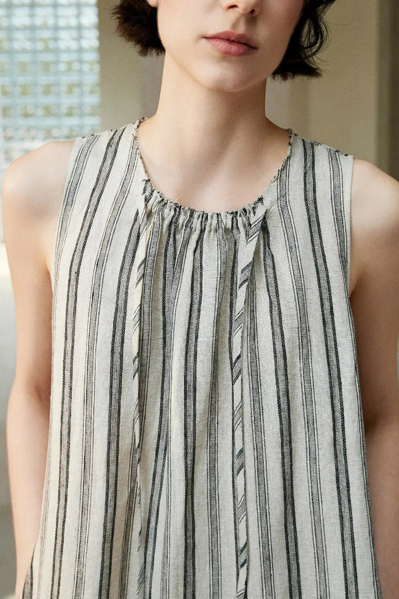100 French Linen Striped Sleeveless Maxi Dress