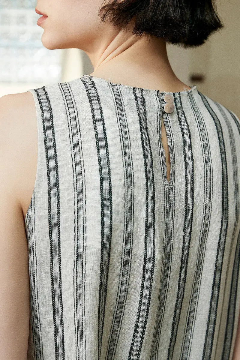 100 French Linen Striped Sleeveless Maxi Dress