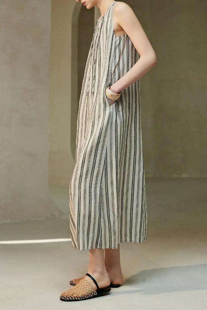 100 French Linen Striped Sleeveless Maxi Dress