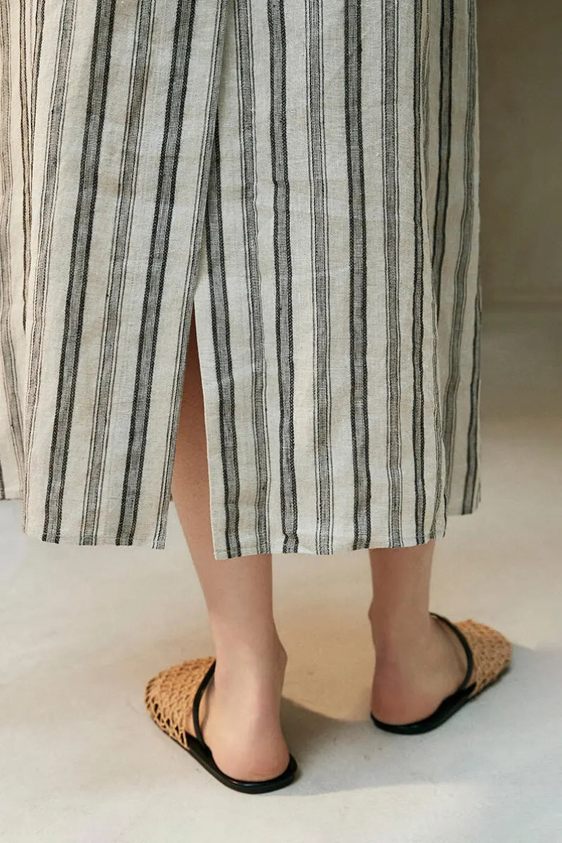 100 French Linen Striped Sleeveless Maxi Dress