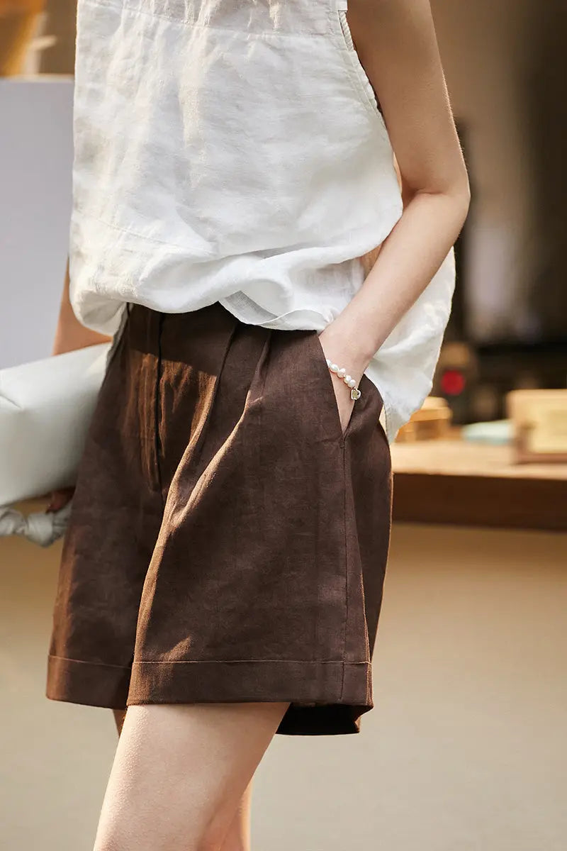 100 Linen Brown A-Line Shorts