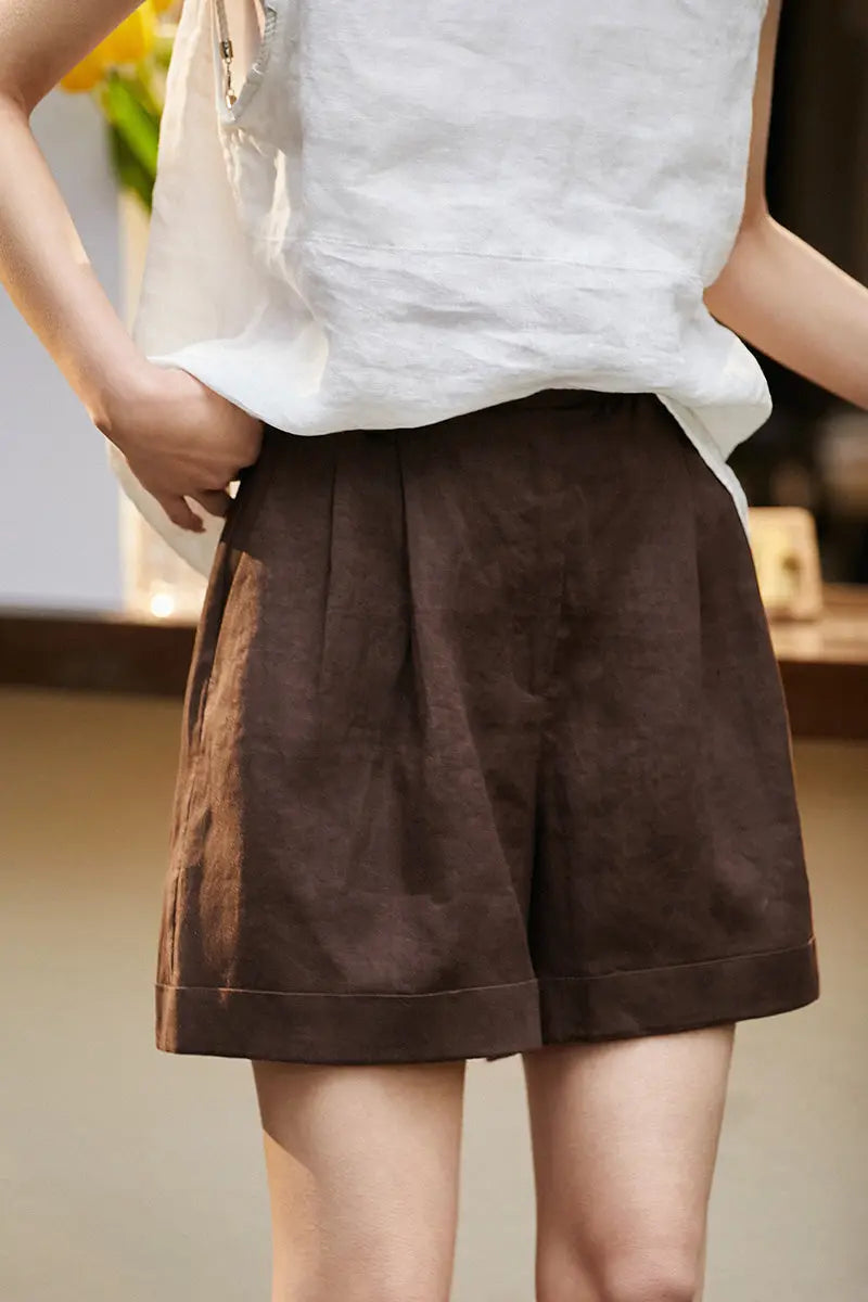 100 Linen Brown A-Line Shorts