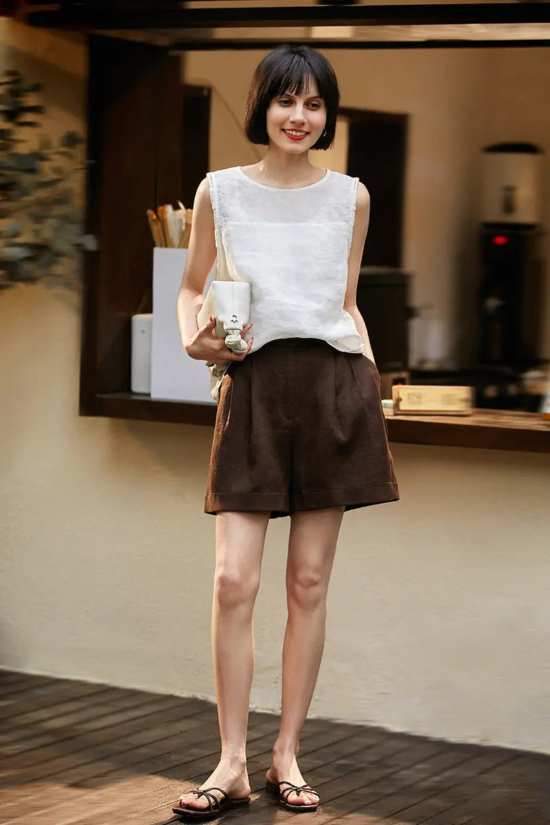 100 Linen Brown A-Line Shorts