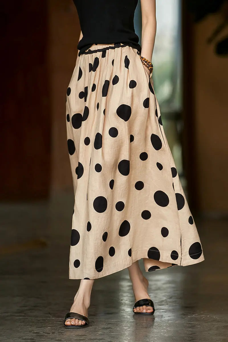 100 Linen Polka Dot A-Line Midi Skirt