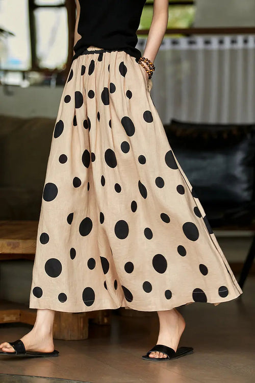 100 Linen Polka Dot A-Line Midi Skirt
