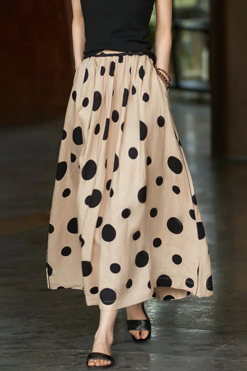 100 Linen Polka Dot A-Line Midi Skirt