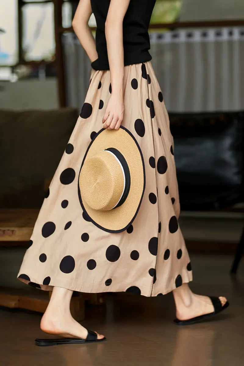 100 Linen Polka Dot A-Line Midi Skirt