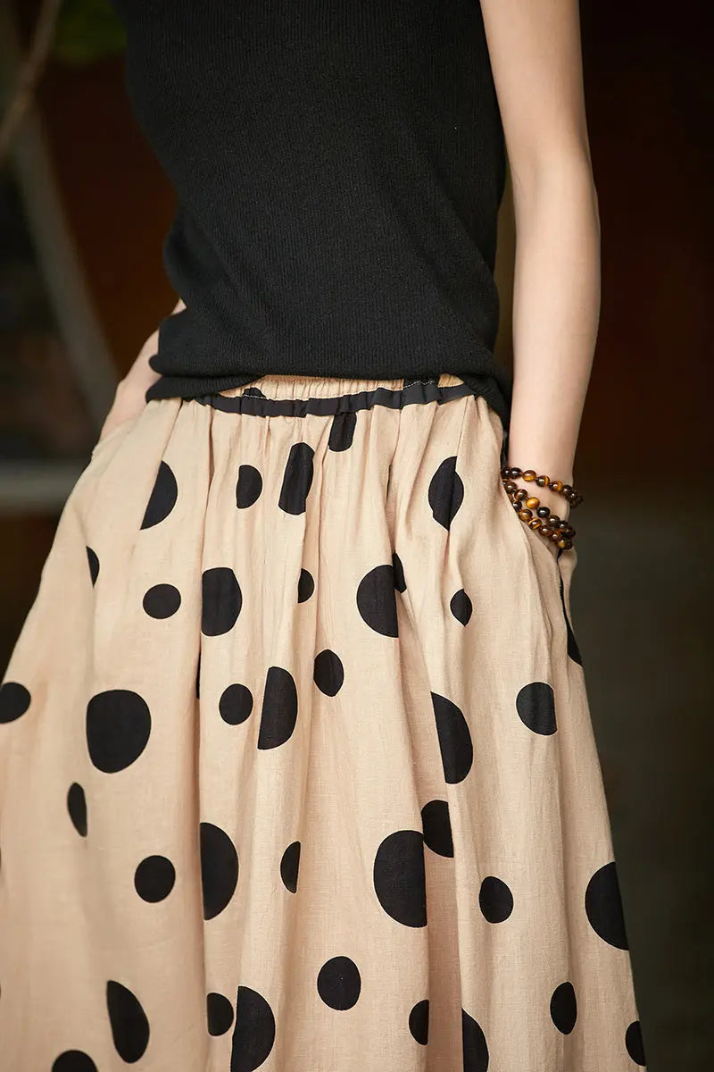 100 Linen Polka Dot A-Line Midi Skirt