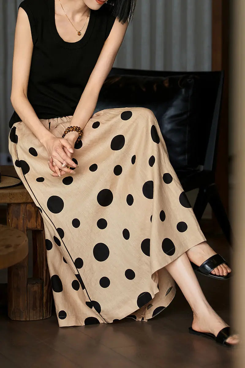 100 Linen Polka Dot A-Line Midi Skirt