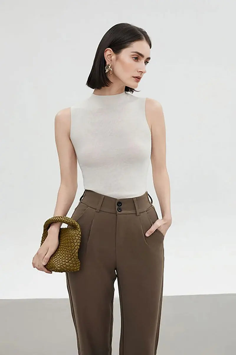 100 Merino Wool Seamless Knit Mock-Neck Tank