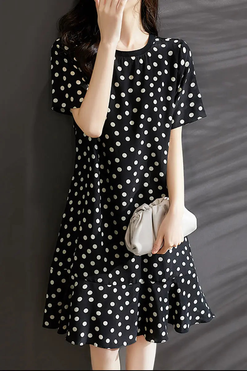 100 Mulberry Silk Black Polka-Dot Ruffle Midi Dress