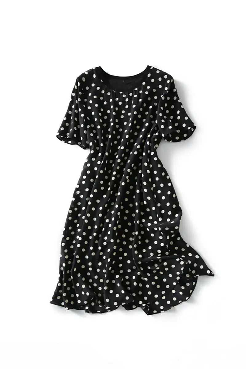 100 Mulberry Silk Black Polka-Dot Ruffle Midi Dress