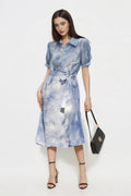 100 Mulberry Silk Blue Tie Dye Shirt Midi Dress