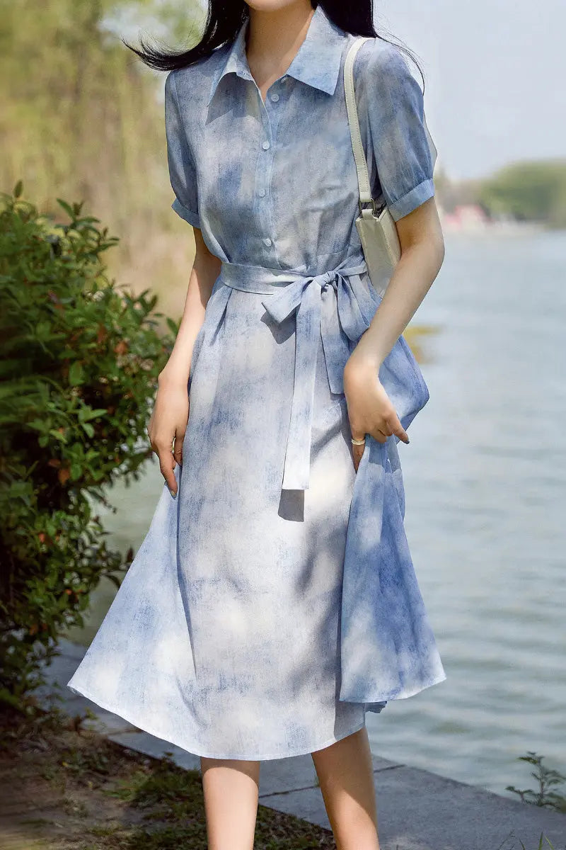 100 Mulberry Silk Blue Tie Dye Shirt Midi Dress