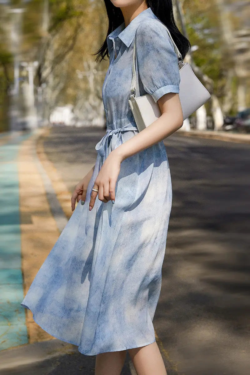 100 Mulberry Silk Blue Tie Dye Shirt Midi Dress