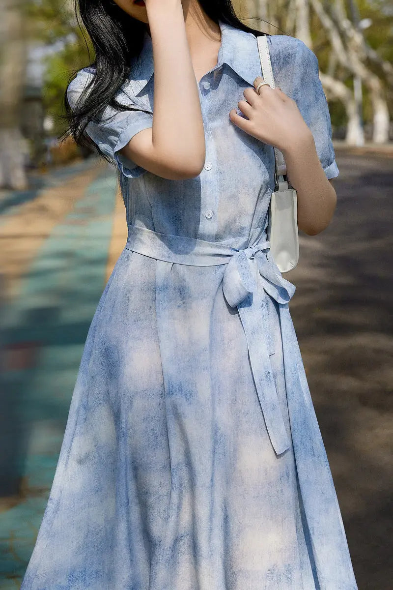 100 Mulberry Silk Blue Tie Dye Shirt Midi Dress