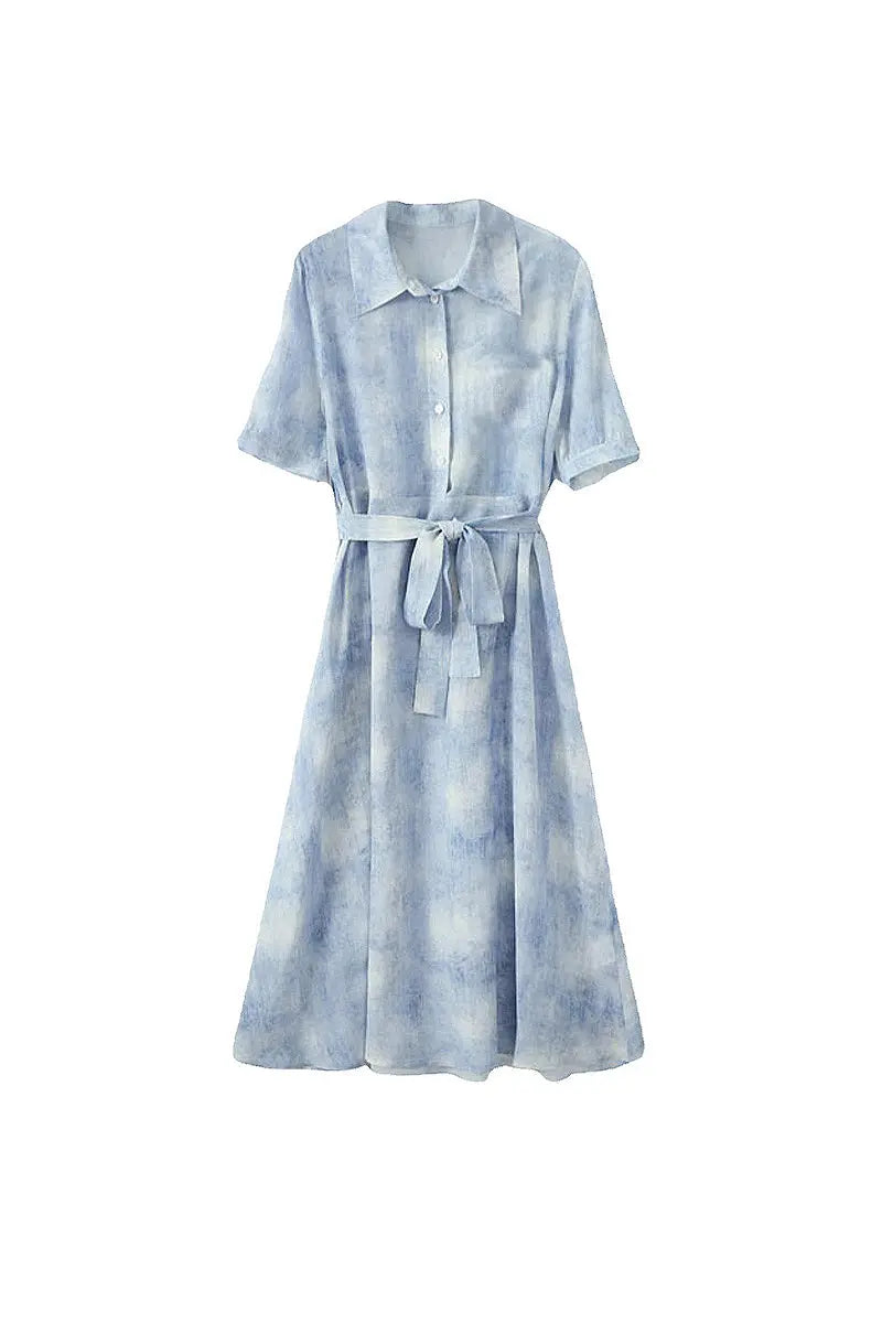 100 Mulberry Silk Blue Tie Dye Shirt Midi Dress