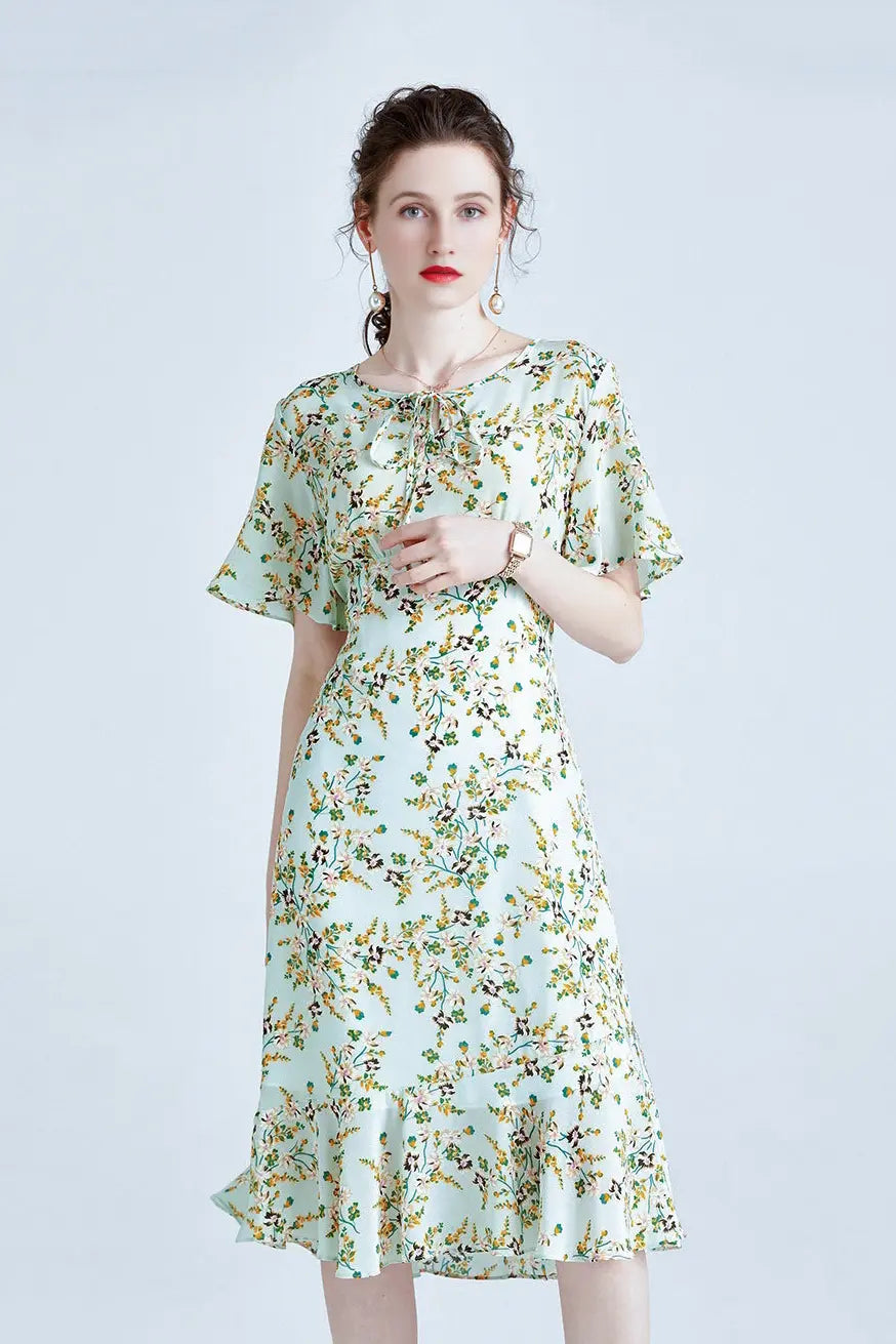 100 Mulberry Silk Short Sleeve Floral Midi Dress