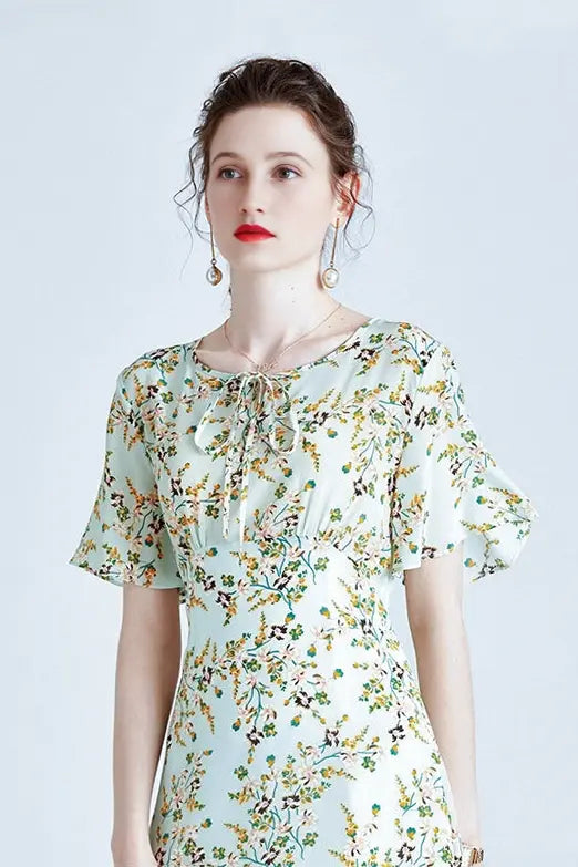 100 Mulberry Silk Short Sleeve Floral Midi Dress