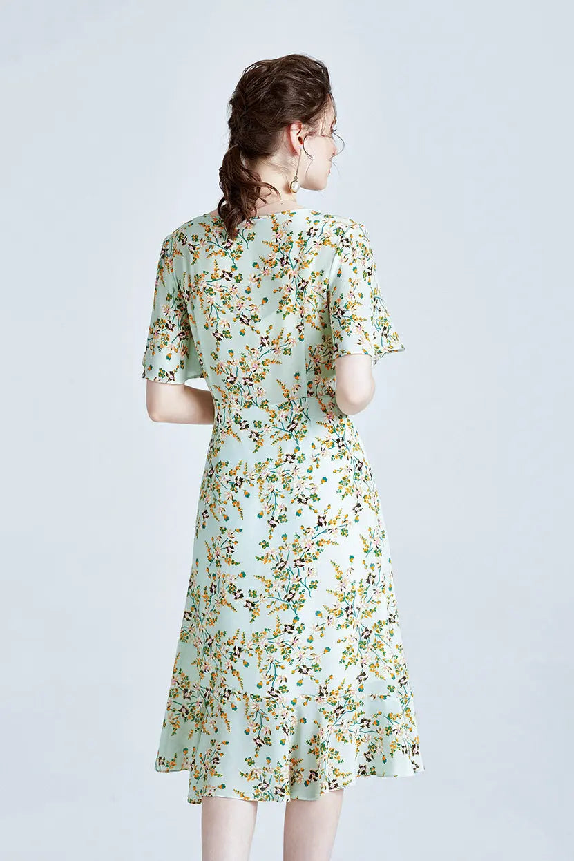 100 Mulberry Silk Short Sleeve Floral Midi Dress