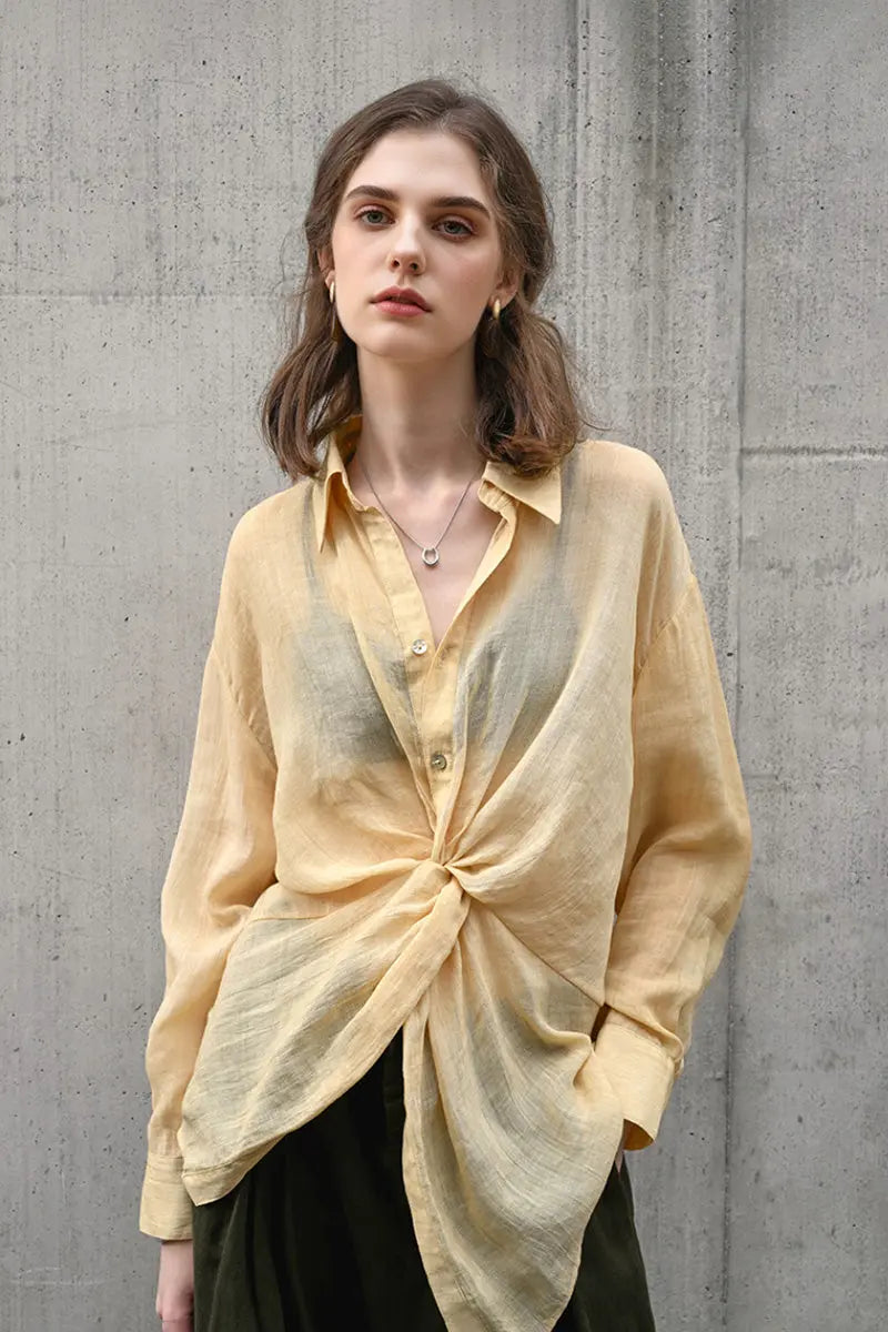 100 Ramie Asymmetrical Twist-Front Beach Shirt