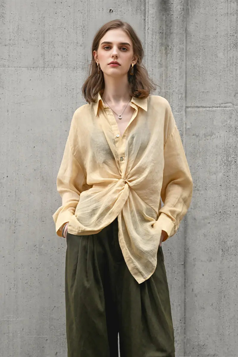 100 Ramie Asymmetrical Twist-Front Beach Shirt